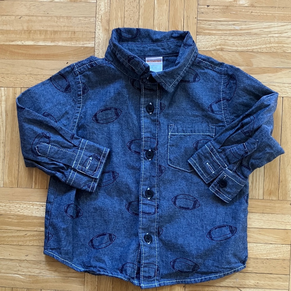 Gymboree football print denim cotton collared shirt Boy 12-18 M cute